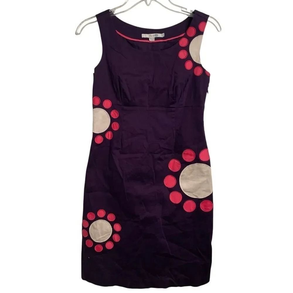 Boden Womens Sleeveless Purple Shiftdress 4P Retro Floral Appliqué Playful